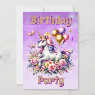 Invitation Joli Anniversaire Licorne Rose, Violet et Or