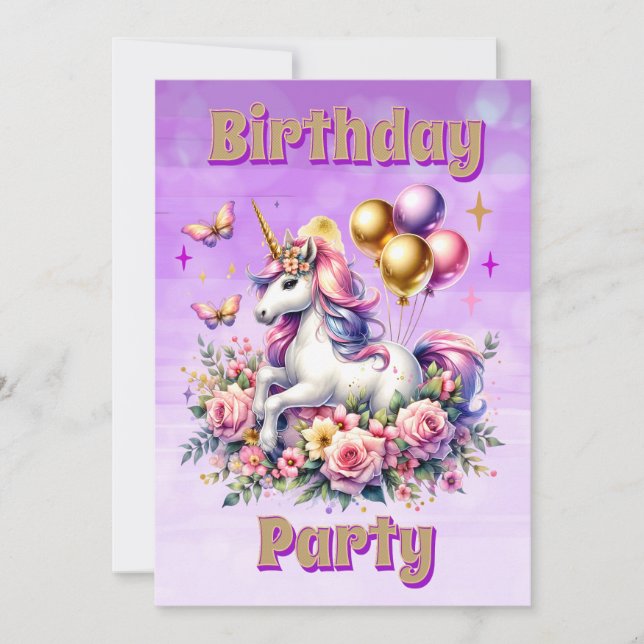 Invitation Joli Anniversaire Licorne Rose, Violet et Or (Devant)