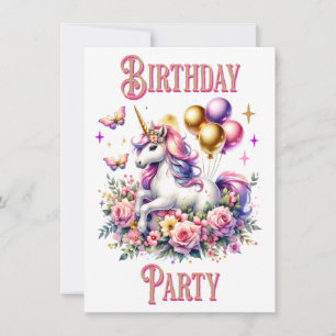 Invitation Joli Anniversaire Licorne Rose, Violet et Or