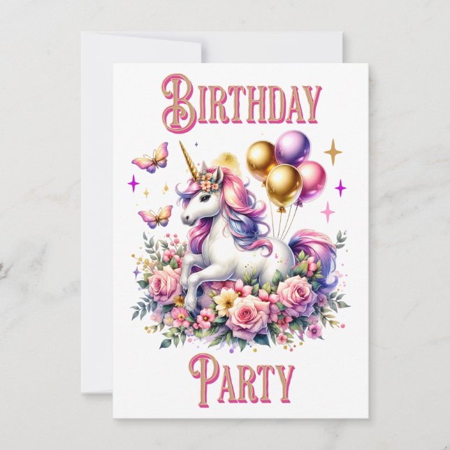 Invitation Joli Anniversaire Licorne Rose, Violet et Or (Devant)