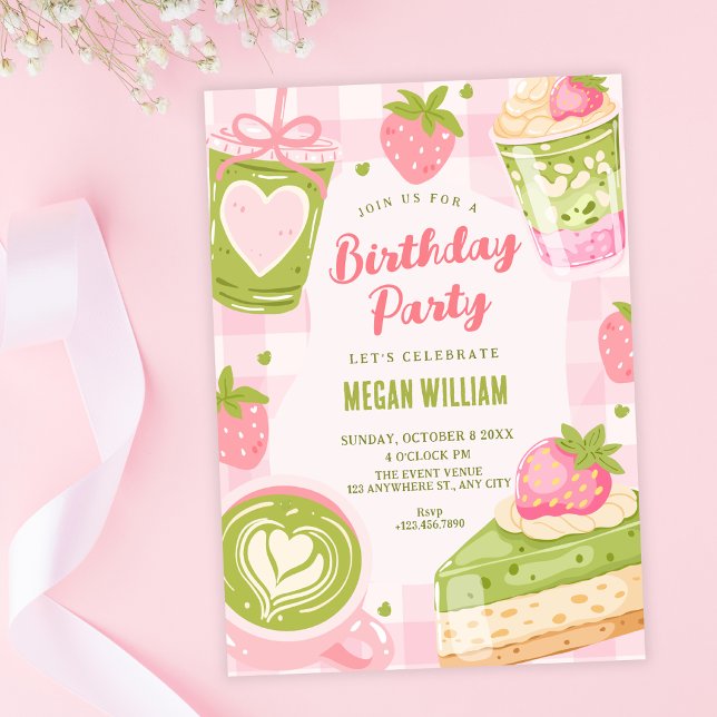 Invitation Joli anniversaire matcha fraise sucré (Créateur téléchargé)