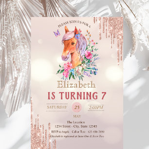 Invitation Joli Anniversaire Poney Paillettes Coulures Bokeh