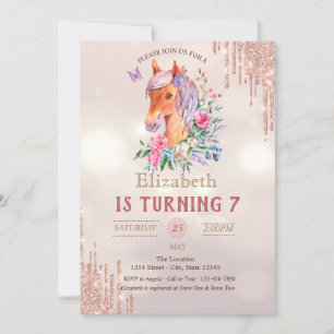 Invitation Joli Anniversaire Poney Paillettes Coulures Bokeh