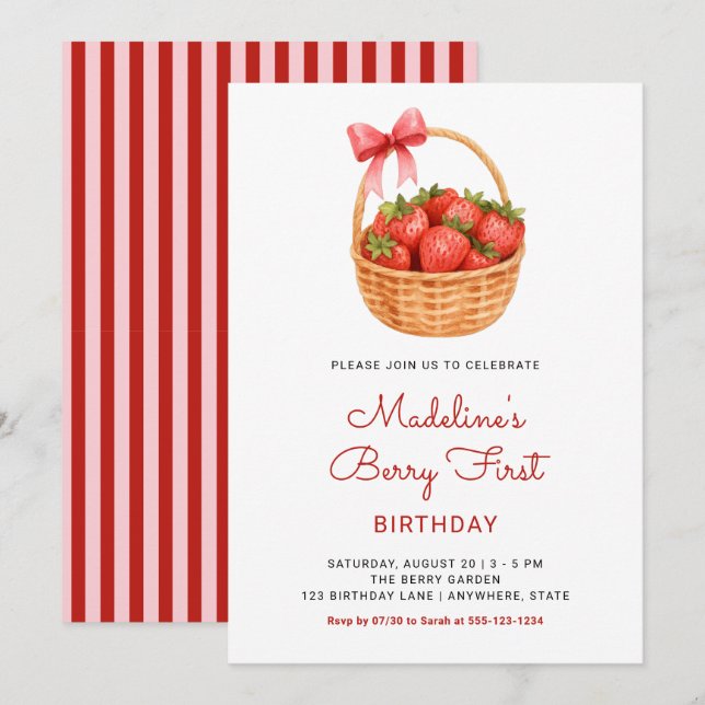 Invitation Joli Anniversaire Première Fraise Prépa (Devant / Derrière)