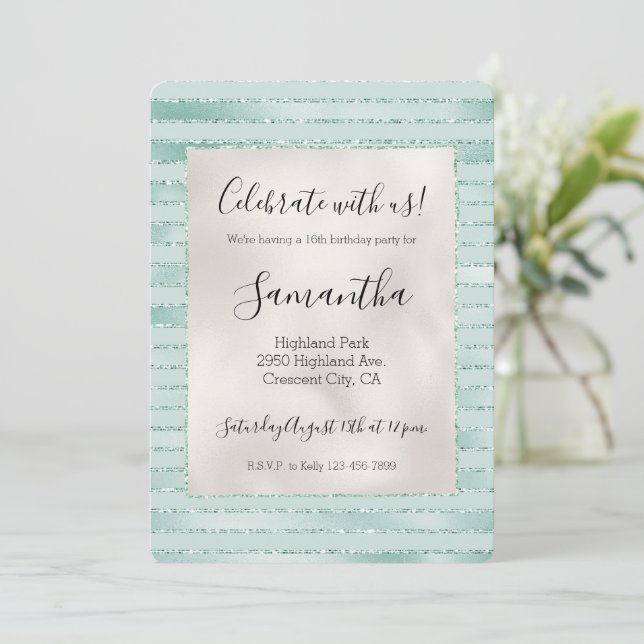 Invitation Joli Aqua Mint Glitzy Parties scintillant rayures (Debout devant)