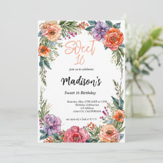 Invitation Joli arc d'aquarelle fleurie Sweet 16