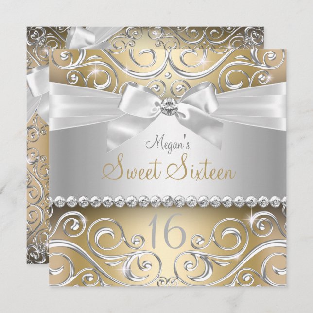 Invitation Joli Arc Diamant & Sparkle Swirl Gold Sweet 16 (Devant / Derrière)