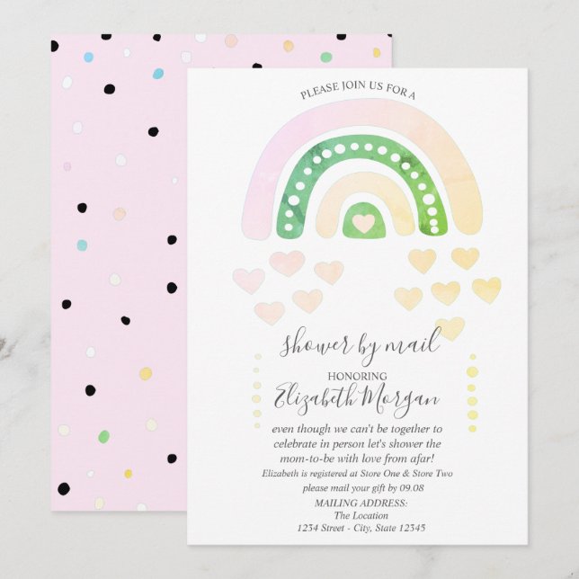 Invitation Joli Arc-en-ciel, Cœurs, Points, Baby Shower par l (Devant / Derrière)
