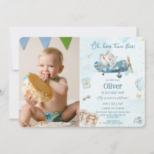 Invitation Joli avion éléphant Aventure Temps mouches Anniver