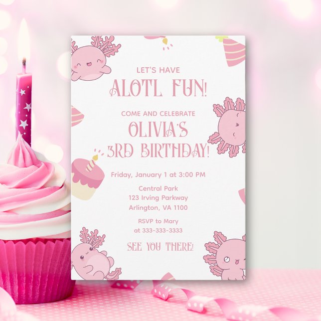 Invitation Joli Axolotl Enfants Rose Alotl Amusant Anniversai (Créateur téléchargé)
