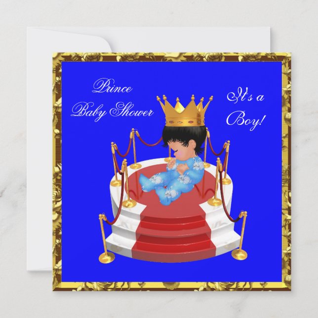 Invitation Joli Baby shower Blue Gold Boy Prince Crown (Devant)