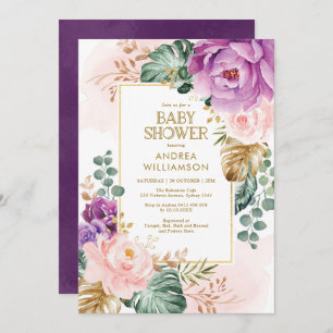 Invitation Joli Baby shower chic boho tropical pourpre