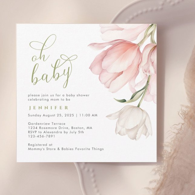 Invitation Joli Baby shower couleur rose Aquarelle Tulip (Créateur téléchargé)