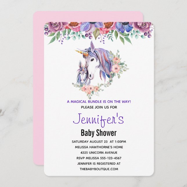 Invitation Joli Baby shower d'aquarelle maman et bébé Unicorn (Devant / Derrière)