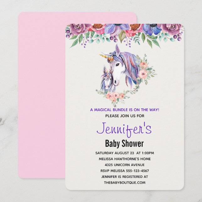 Invitation Joli Baby shower d'aquarelle maman et bébé Unicorn (Devant / Derrière)
