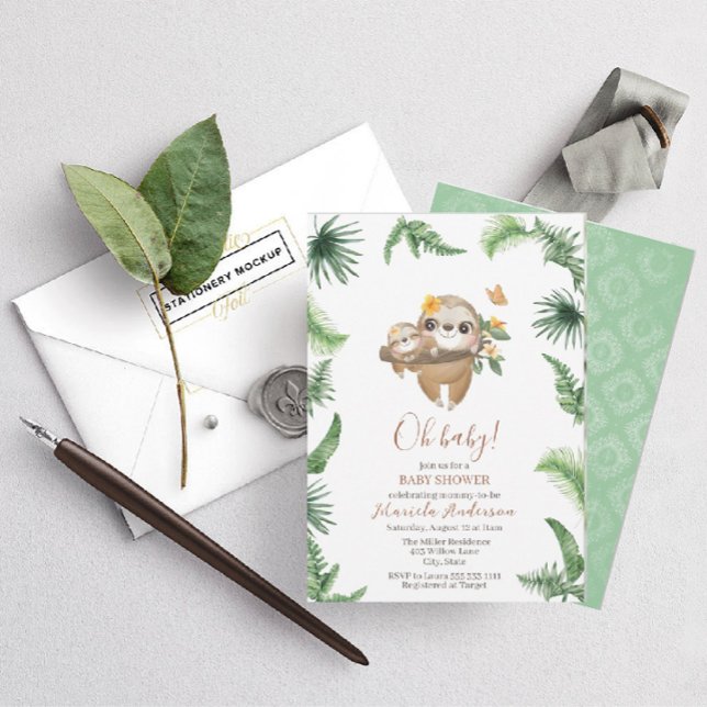 Invitation Joli Baby shower d'aquarelle Sloth Greenery (Créateur téléchargé)