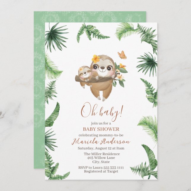Invitation Joli Baby shower d'aquarelle Sloth Greenery (Devant / Derrière)