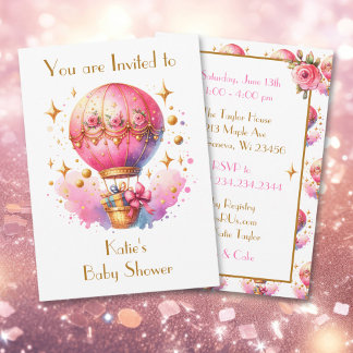 Invitation Joli Baby shower de ballons à air chaud rose et or