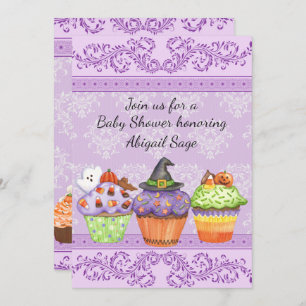 Invitation Joli Baby shower de Cupcakes d'Halloween violet