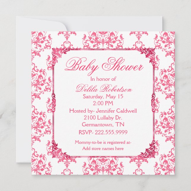 Invitation Joli Baby shower de Damas rose (Devant)
