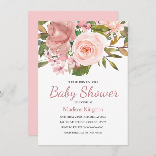 Invitation Joli Baby shower de fleurs rose or Rose (Devant / Derrière)