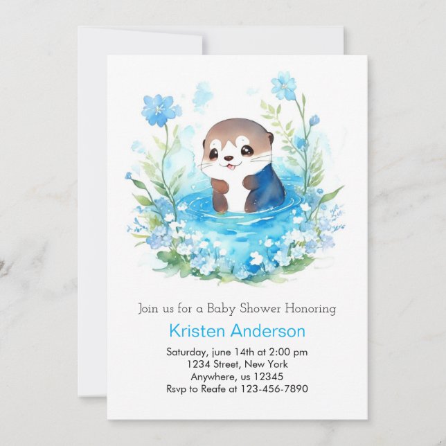 Invitation Joli Baby shower de garçon à Otter Floral Bleu Edi (Devant)