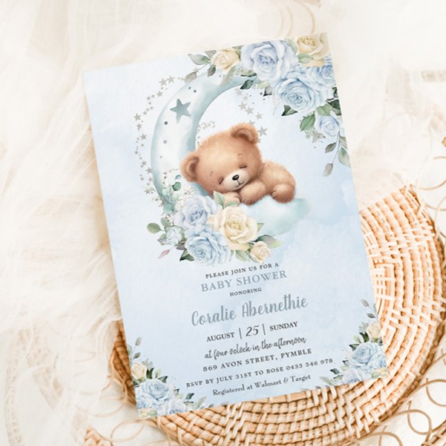 Invitation Joli Baby shower de garçon floral bleu lune (Créateur téléchargé)