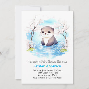 Invitation Joli Baby shower de garçon Floral bleu Otter souri
