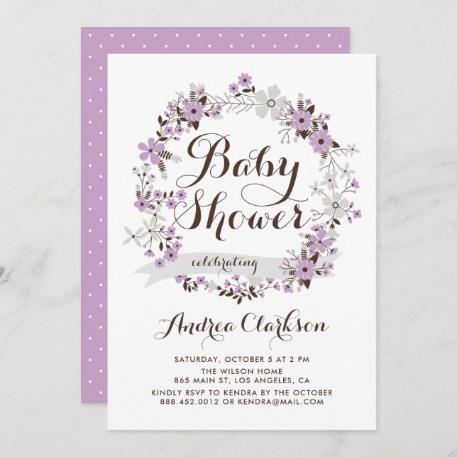 Invitation Joli Baby shower de gerbe de fleurs violettes et g (Devant / Derrière)