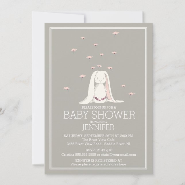 Invitation Joli Baby shower de lapin rose de printemps (Devant)