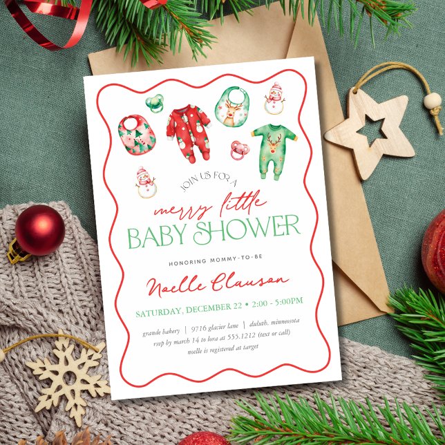 Invitation Joli Baby shower de Noël Rouge Vert Joyeux Petit (Cute Red Green Merry Little Christmas Baby Shower Invitation)