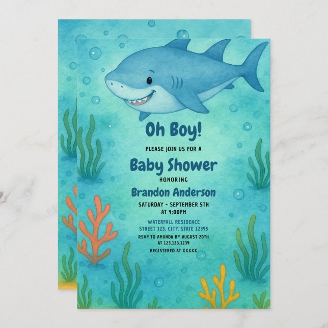 Invitation Joli Baby shower de requin bleu océan (Devant / Derrière)