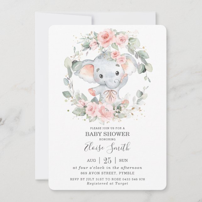 Invitation Joli Baby shower de verdure fleurie rose Eléphant (Devant)