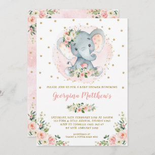 Invitation Joli Baby shower d'éléphant Blush Gold Floral Rose