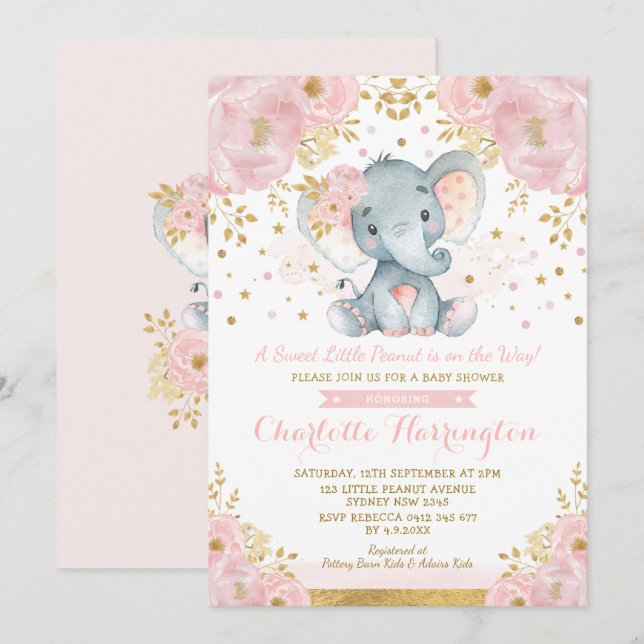 Invitation Joli Baby shower d'éléphant rose et or (Devant / Derrière)