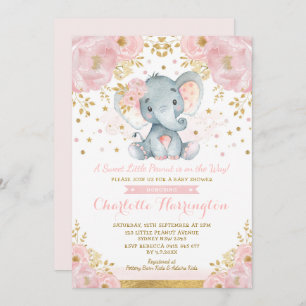 Invitation Joli Baby shower d'éléphant rose et or
