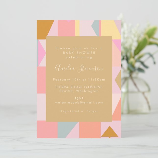 Invitation Joli Baby shower d'or rose pastel géométrique (Debout devant)