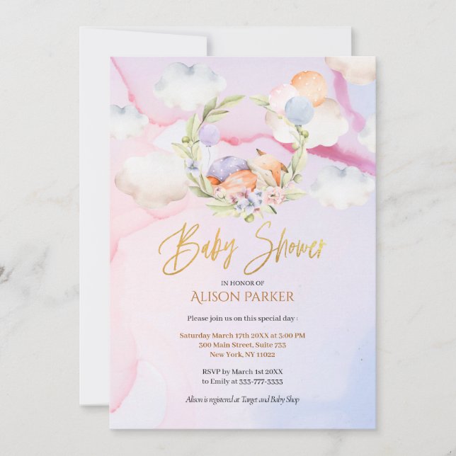 Invitation Joli Baby shower du ciel rose fleuri Fox Woodland (Devant)