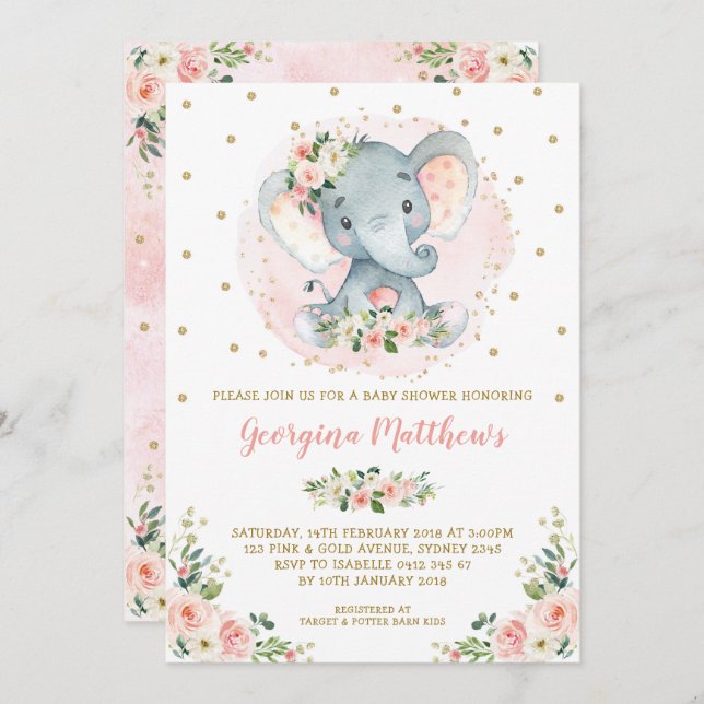 Invitation Joli Baby shower Eléphant Blush or Floral Rose (Devant / Derrière)
