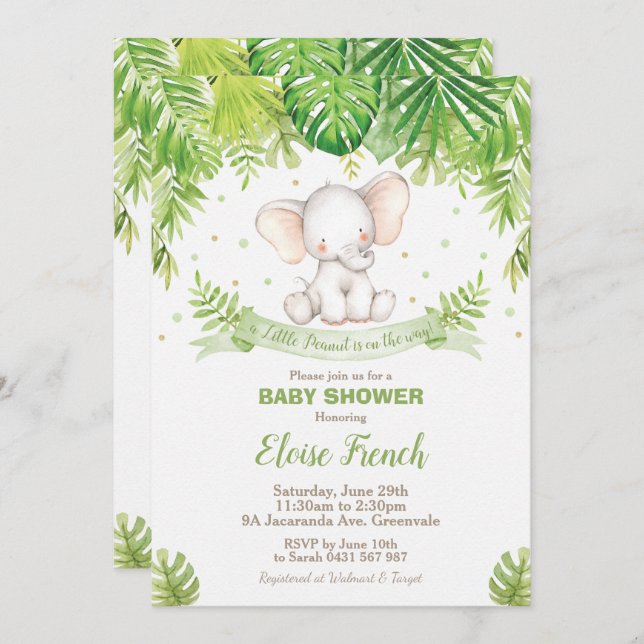 Invitation Joli Baby shower éléphant Jungle Animaux Garçon (Devant / Derrière)