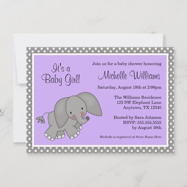 Invitation Joli Baby shower Eléphant Violet Fille (Devant)