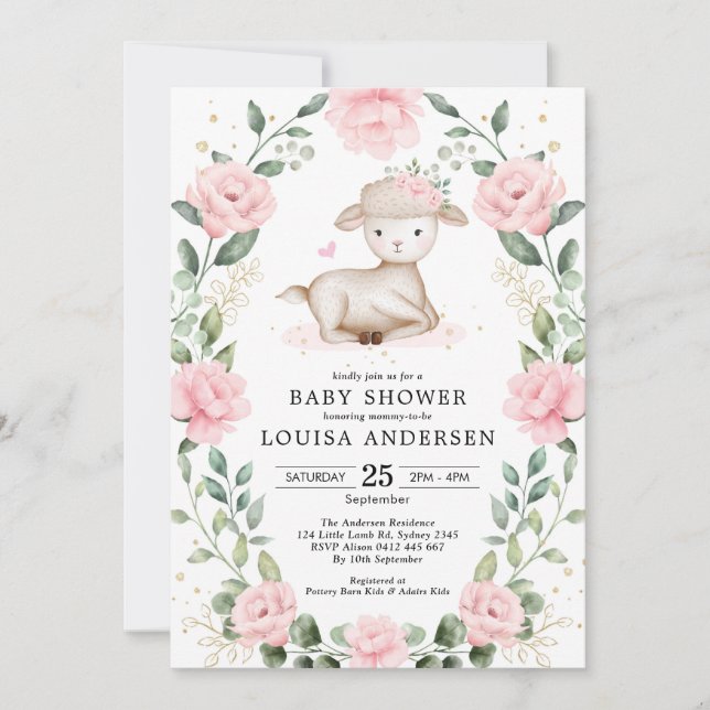 Invitation Joli Baby shower Fille Fille Fille Lamb Rose (Devant)