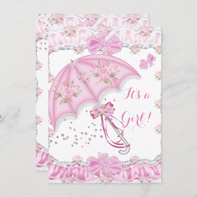 Invitation Joli Baby shower Fille Floral Parapluie rose (Devant / Derrière)