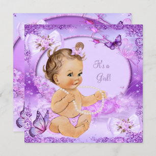 Invitation Joli Baby shower fille Papillon pourpre Brunette