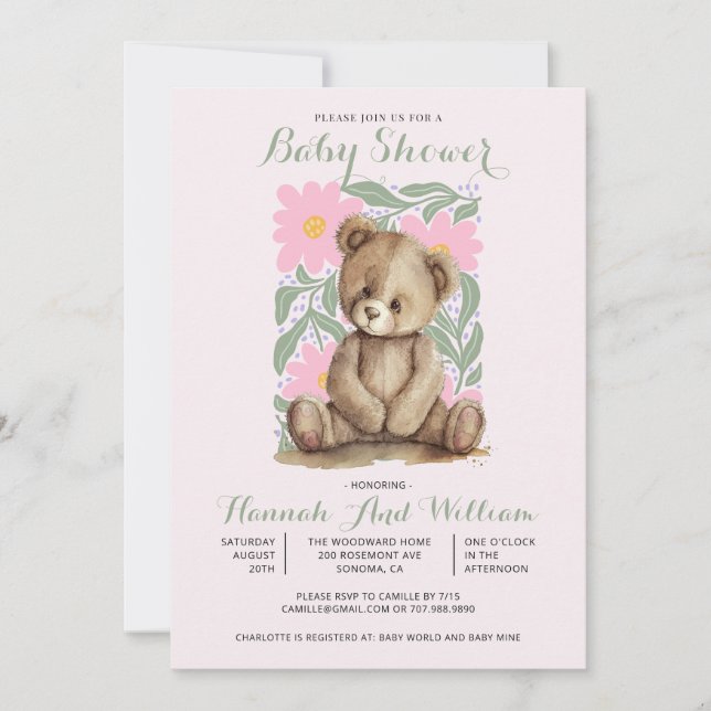 Invitation Joli Baby shower Fille Rose Ours Teddy (Devant)