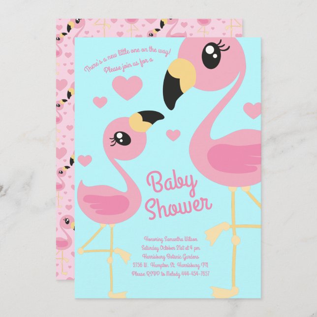 Invitation Joli Baby shower Flamant rose Plage tropicale Fill (Devant / Derrière)