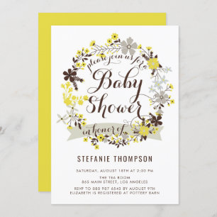 Invitation Joli Baby shower fleuri jaune et gris
