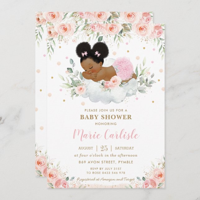 Invitation Joli Baby shower Floral Blush Africain (Devant / Derrière)