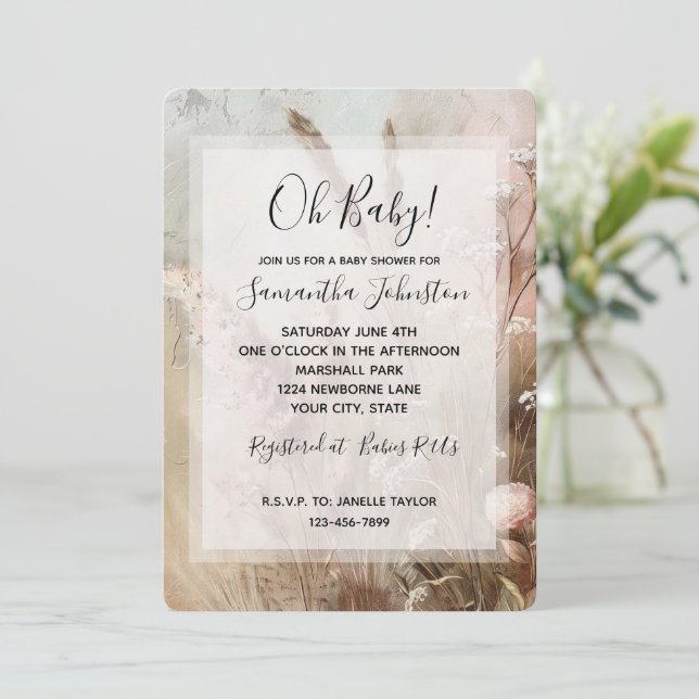 Invitation Joli Baby shower Floral Boho Beige Blush (Debout devant)