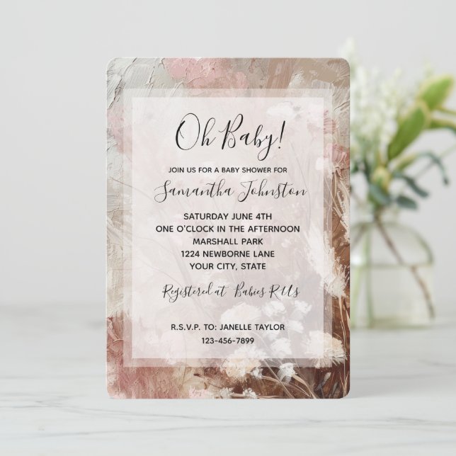 Invitation Joli Baby shower Floral Boho Rose Blanc Beige (Debout devant)
